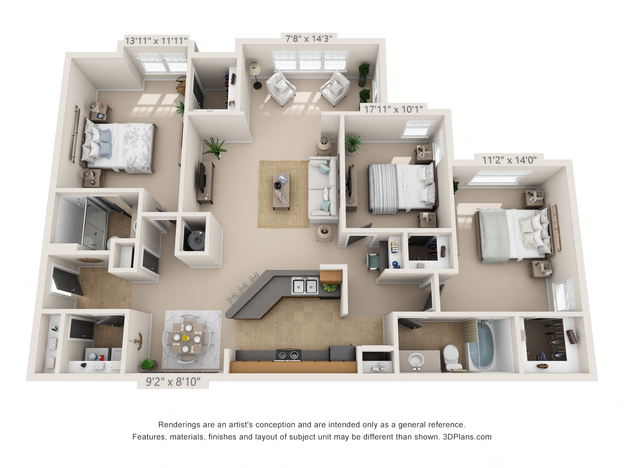 Floor plan for 3 beds, 2 baths, 1444 sqft
